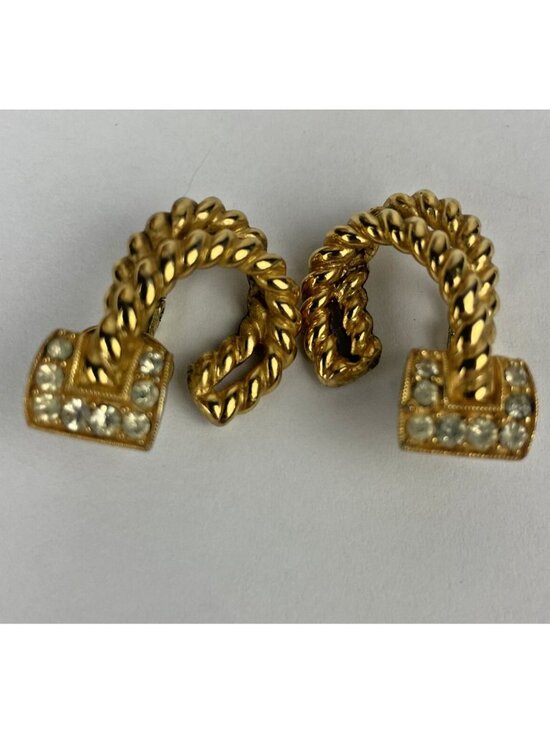 Crown Trifari Jewelry - VTG Crown Trifari Twisted Rope Clip Earrings – Rhinestone Wrap Hoops Signed